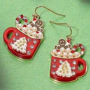 Gingerbread Man Pearl Bubble Holiday Cocoa Mug Dangle Earrings